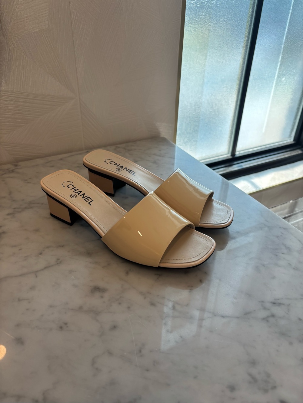 Chanel Cream Patent Slide Sandals with Low Block Heel